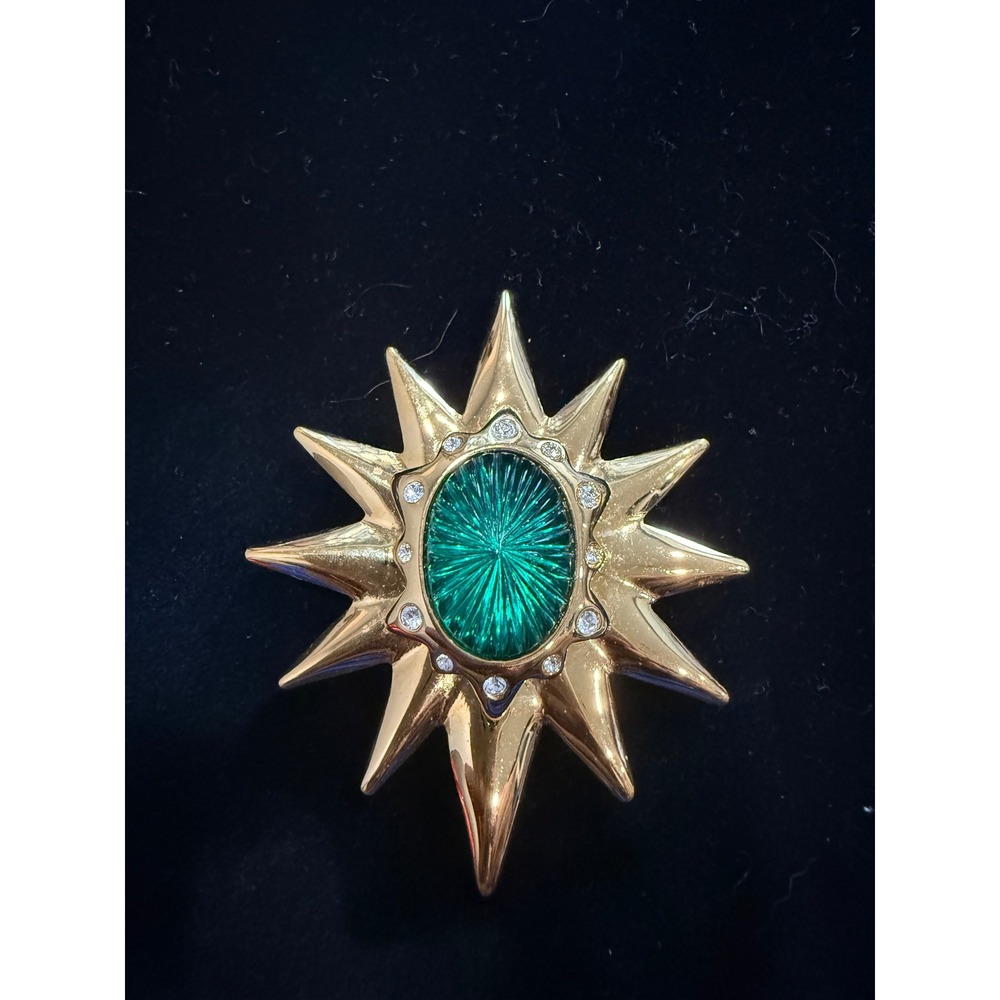 Vintage Gold Tone Sunburst Brooch Green Glass Intaglio Star Mexico Statement
